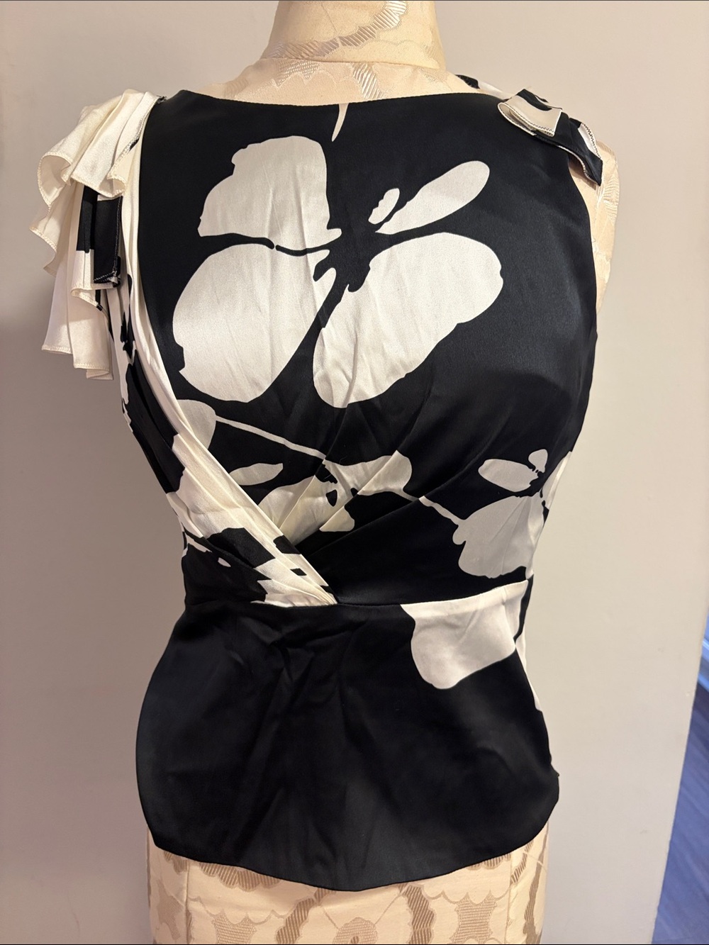 Elie Tahari Black and White Floral Wrap-Front Camisole with Ruffle Shoulder